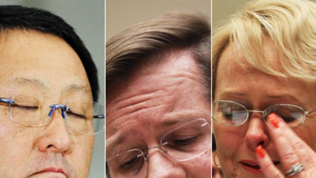 Deeply sorry ... Toyota executives Akio Toyoda and James Lentz, and a terrified car owner, Rhonda Smith, at the hearing.