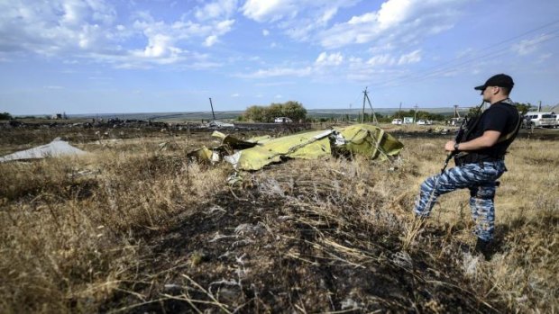 A pro-Russian militant  stands guard near a piece of debris at the crash site of the Malaysia Airlines Flight MH17  near the village of Hrabove (Grabovo), some 80km east of Donetsk.