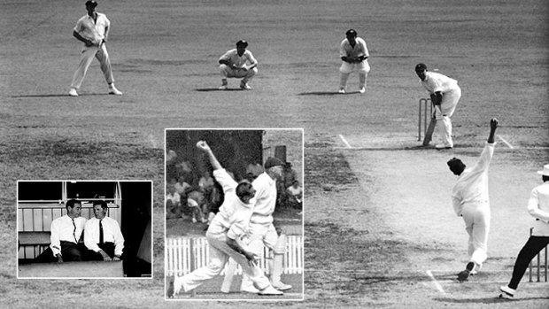 A composite of images from the first cricket Test against South Africa in Brisbane on December 8, 1963, during which Australian fast bowler Ian Meckiff was called for throwing by the umpire and no-balled four times in one over.