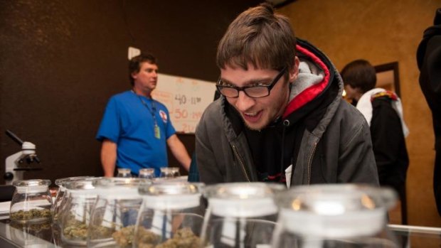 Goggled-eyed: Tyler Williams of Blanchester, Ohio, decides which strain of marijuana to buy at the 3-D Denver Discrete Dispensary in Denver, Colorado, on January 1.