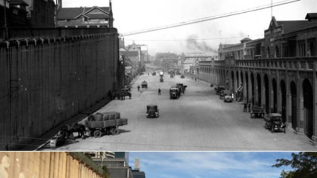 Then and now ... Hickson Road in the 1930s, above, and the same place this week. This section has been named The Hungry Mile, as it was known in the Great Depression. The names of Depression-era job seekers will be recorded on the sandstone cliff.