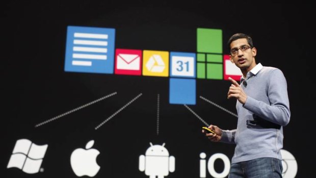 Google?s senior vice president of Chrome and apps, Sandar Pichai, speaks at the Google I/O Conference.