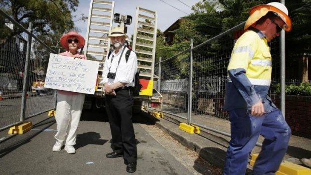 Know the drill: protesters at the WestConnex site in Bland Street, Ashfield this week.