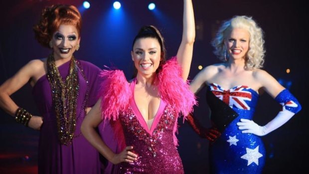 Return to the stage: Dannii Minogue, with drag queens Bianca Del Rio (left) and Courtney Act (right) at the Royal Hall of Industries in Moore Park before Saturday night's Mardi Gras parade.