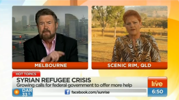 War of words: Commentator Derryn Hinch and right-wing politician Pauline Hanson debate Australian refugee policy on Sunrise.