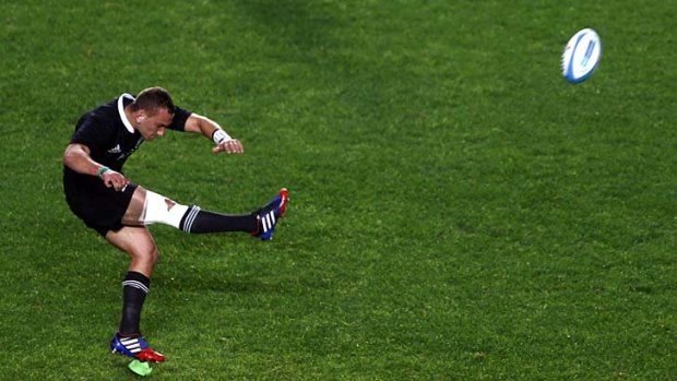 All Blacks' five-eighth Aaron Cruden takes a penalty during the Rugby Championship match against Argentina on the weekend. He was distracted by a laser pointer from the crowd.