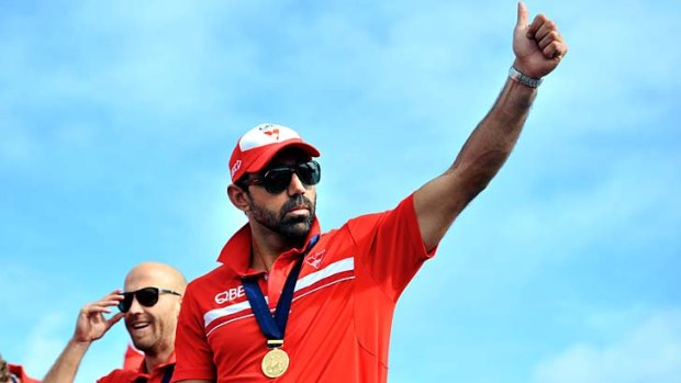 Delighted &#8230; Adam Goodes at Lakeside Stadium yesterday.