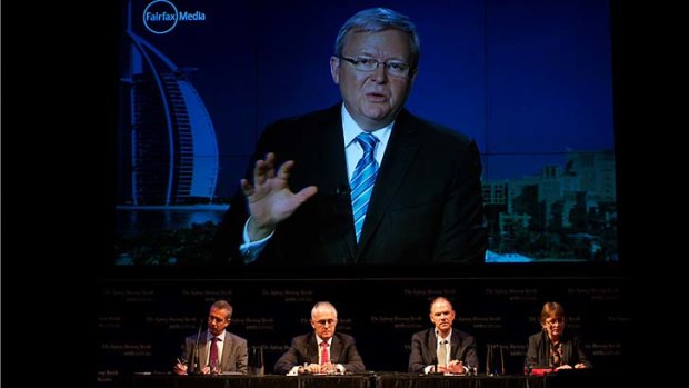 New order ... Kevin Rudd joins the panel by video link after being grounded in Dubai by a sandstorm.