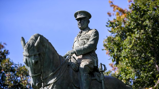 Sir John Monash statue, created by the sculptor William Leslie Bowles, near the Shrine of Remembrance.   