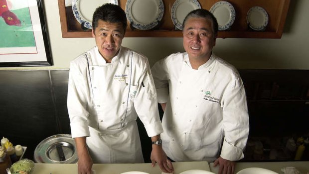 Nobu Matsuhisa, right, with chef Tamba for Crystal Serenity's Sushi Bar.