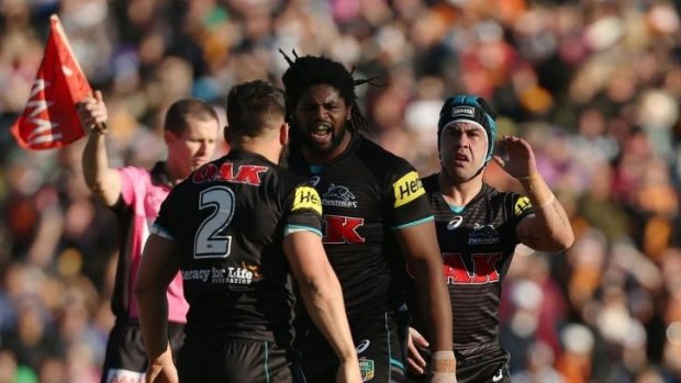 On the prowl: Panthers centre Jamal Idris was fired up during his team's win over the Tigers.