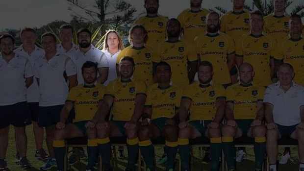 Di Patston in a Wallabies team photo at Manly in June.