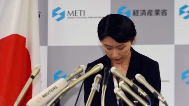 Bowing out: Japanese Economy, Trade and Industry Minister Yuko Obuchi announces her resignation at a press conference in Tokyo.