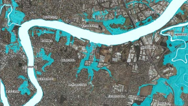 Predicted flooding in Brisbane's eastern suburbs if the sea level rises by 1.1 metres. | <B><A href= http://images.brisbanetimes.com.au/file/2010/12/17/2099496/eastern.jpg?rand=1292536370505 > VIEW IN FULL </a></b>