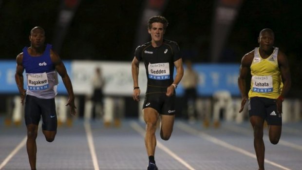 Massive challenge: Jarrod Geddes (centre) competing in the Perth Track Classic in February.