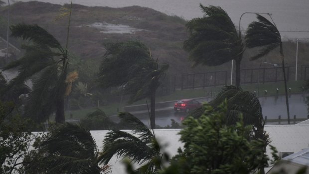 Strong winds and rain lash Airlie Beach as Cyclone Debbie hit on Tuesday. 