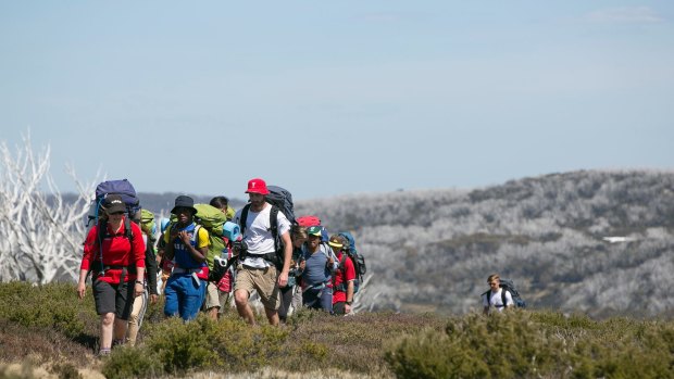 Wodonga Senior Secondary College students hike over the Bogong High Plains on Friday in show of solidarity for refugees.