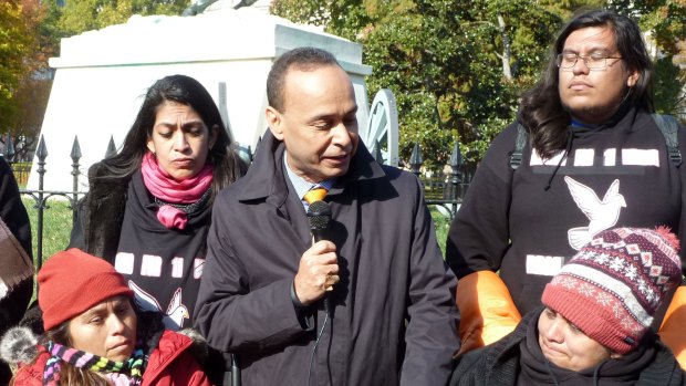 Compassion: Representative Luis Gutierrez arrives for a fasting protest with Monica Estrada (left) and Lenka Mendoza (right) for the Dreamer Moms USA group, who are fasting outside the White House.