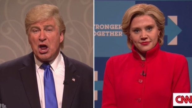 Alec Baldwin as Donald Trump and Kate McKinnon as Hillary Clinton in final election sketch on Saturday Night Live.