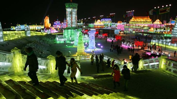 Lighting up ... the spectacular ice city of the Harbin Ice Festival.