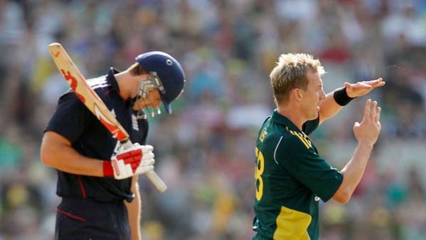 Let's go upstairs, thanks ... Brett Lee calls for an umpiring decision review while bowling to England's Chris Tremlett in the opening one-day game in Melbourne. Tremlett was given not out, but was out for a duck an over later.