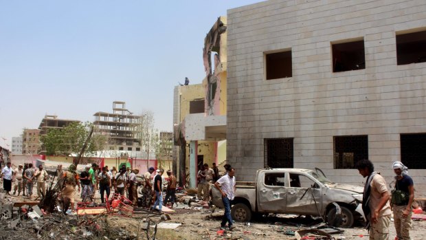 The scene of a bombing in Aden in August in which 50 troops were killed.