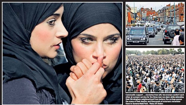 Community support ... clockwise from left, two women confort each other at a prayer service; the cortege pases the scene of their deaths; and the thousands of mourners remember them in Summerfield Park.