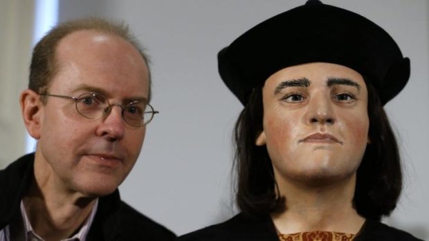 Michael Ibsen, a 17th generation nephew of King Richard III, poses with a facial reconstruction of the king last year. New testing will reveal the King's eye and hair colour.