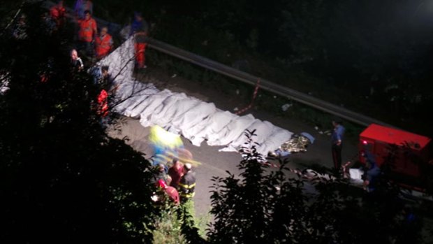 Bodies of victims of the bus crash near on the Naples-Bari highway in Italy.