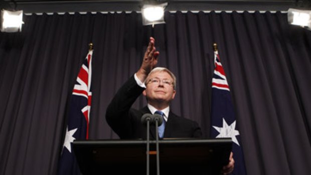 No wimping  ... Kevin Rudd holds his first press conference as Foreign Affairs Minister hours before leaving for Pakistan.