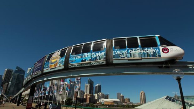 The monorail going over Pyrmont Bridge, Darling Harbour, Sydney.