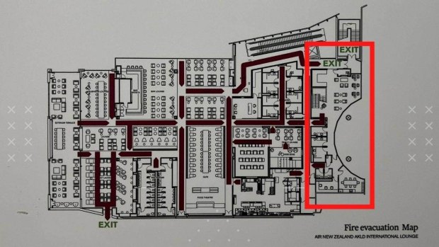 A fire escape plan at the Auckland International Koru Lounge reveals the Elite Priority One lounge, indicated by the red rectangle.