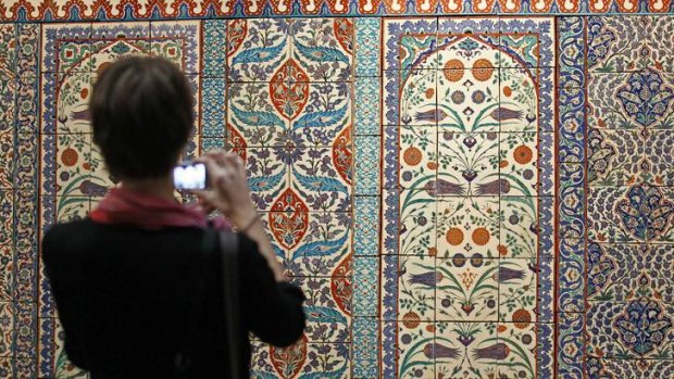Showcasing Islamic art collections and artefacts ... a ceramic tile wall in the Louvre's new Islamic wing.