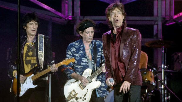 Ronnie Wood, left, Keith Richards, second from left,  and Mick Jagger of The Rolling Stones performing in Sydney in 2006.