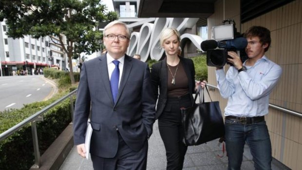 Former PM Kevin Rudd leaves the Home Insulation Inquiry in Brisbane on Thursday.