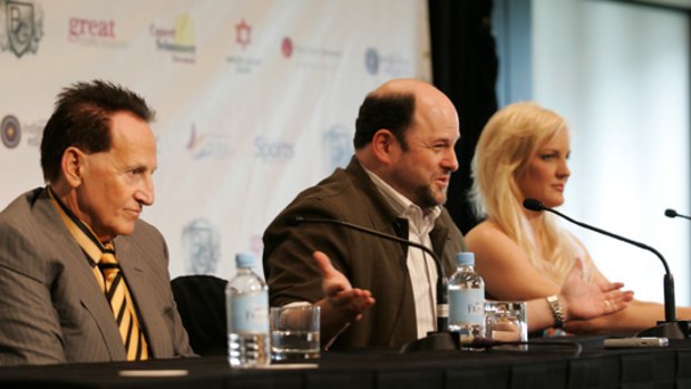 Jason Alexander faces the media with Geoffery Edelsten and his fiancee, Brynne Gordon, at Melbourne's Crown Casino today.  Seinfeld star Alexander will be joint MC with fellow actor Fran Drescher at the wedding.