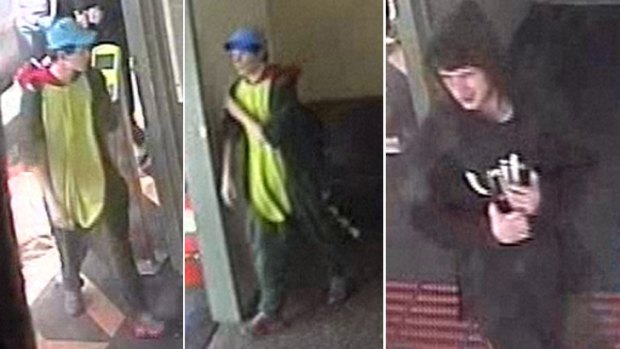 CCTV footage shows a young man in a dinosaur 'onesie', left, among a group of youths wanted for questioning.