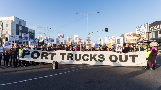 Maribyrnong Truck Action Group (MTAG) protesting against thousands of trucks using residential roads in Yarraville.

Photograph Paul Jeffers
Fairfax Media
11 Aug 2016