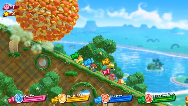 Our heroes are chased by a ball of Waddle Dees. Because why not.