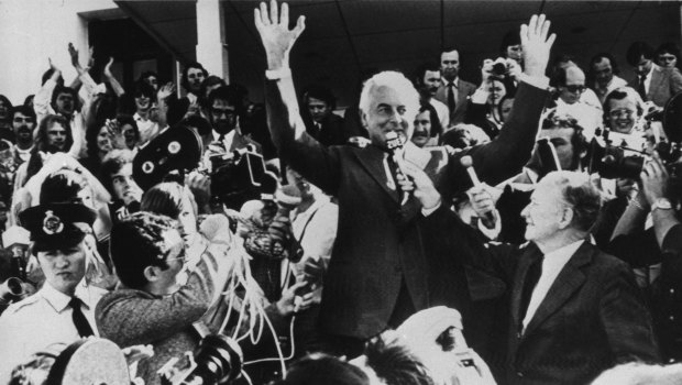 Gough Wihitlam addresses the crowd outside Parliament House in Canberra.