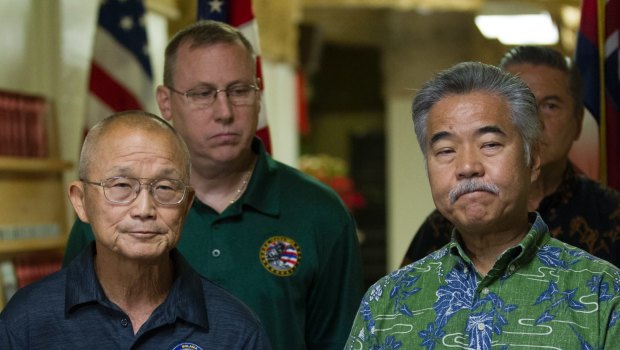 Vern Miyagi, Administrator, HEMA, left, and Hawaii Governor David Ige addressed the media during a press conference at the Hawaii Emergency Management Centre following the false alarm issued of a missile launch on Hawaii. 
