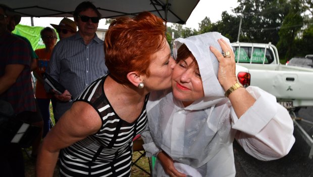 One Nation leader Senator Pauline Hanson and ALP member for Bundamba, Jo-Ann Miller are seen together in the suburb of Bundamba in Ipswich during the Queensland Election campaign