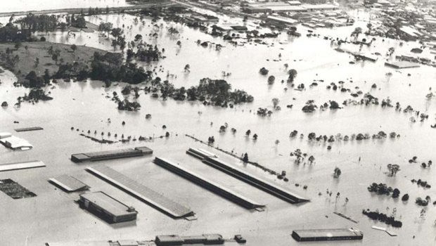 The Rocklea fruit and vegetable markets on Sherwood Road submerged by floods. This picture taken on January 30, 1974.
