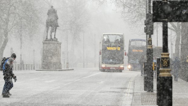 Snow blanketed Whitehall in central London. 