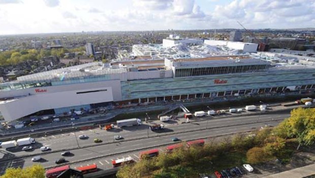 An aerial photograph of the Westfield London shopping centre in Shepherds Bush in west London.