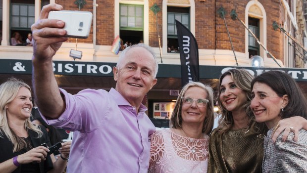 Prime Minister Malcolm Turnbull, wife Lucy Turnbull and NSW Premier Gladys Berejiklian at the Mardi Gras.