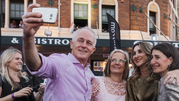 Prime Minister Malcolm Turnbull, wife Lucy Turnbull and NSW Premier Gladys Berejiklian at the Mardi Gras.