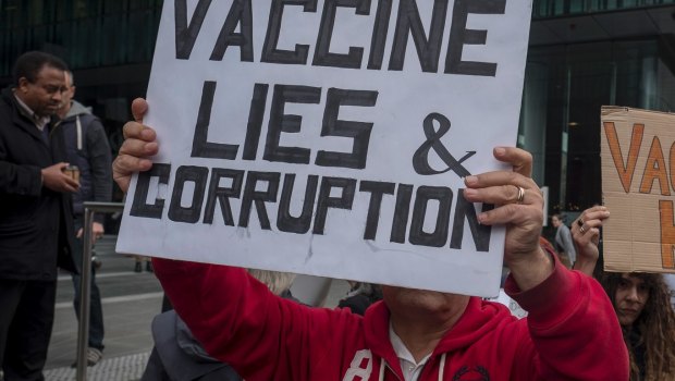 Anti-vaccination protesters rally outside the Medical Board of Australia.