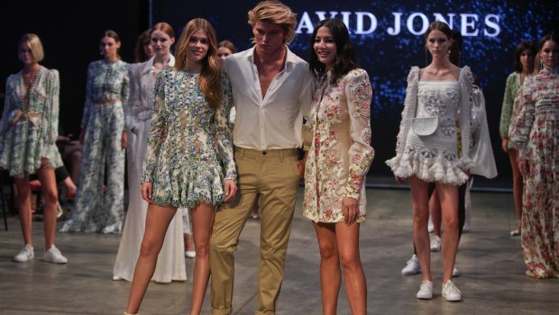 From left: Victoria Lee, Jordan Barrett and Jessica Gomes in the finale of rehearsals for the David Jones autumn-winter parade on Wednesday.