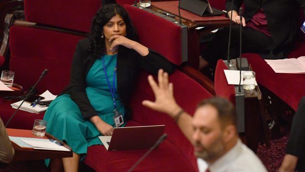 Greens leader Samantha Ratnam (left) listens as Labor's Philip Dalidakis defends the Apple store in Parliament. 